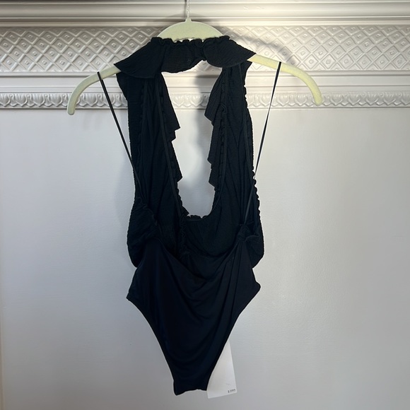NWT Zara W Collection Black Low V Ruffle Bodysuit Sz S - Picture 3 of 5